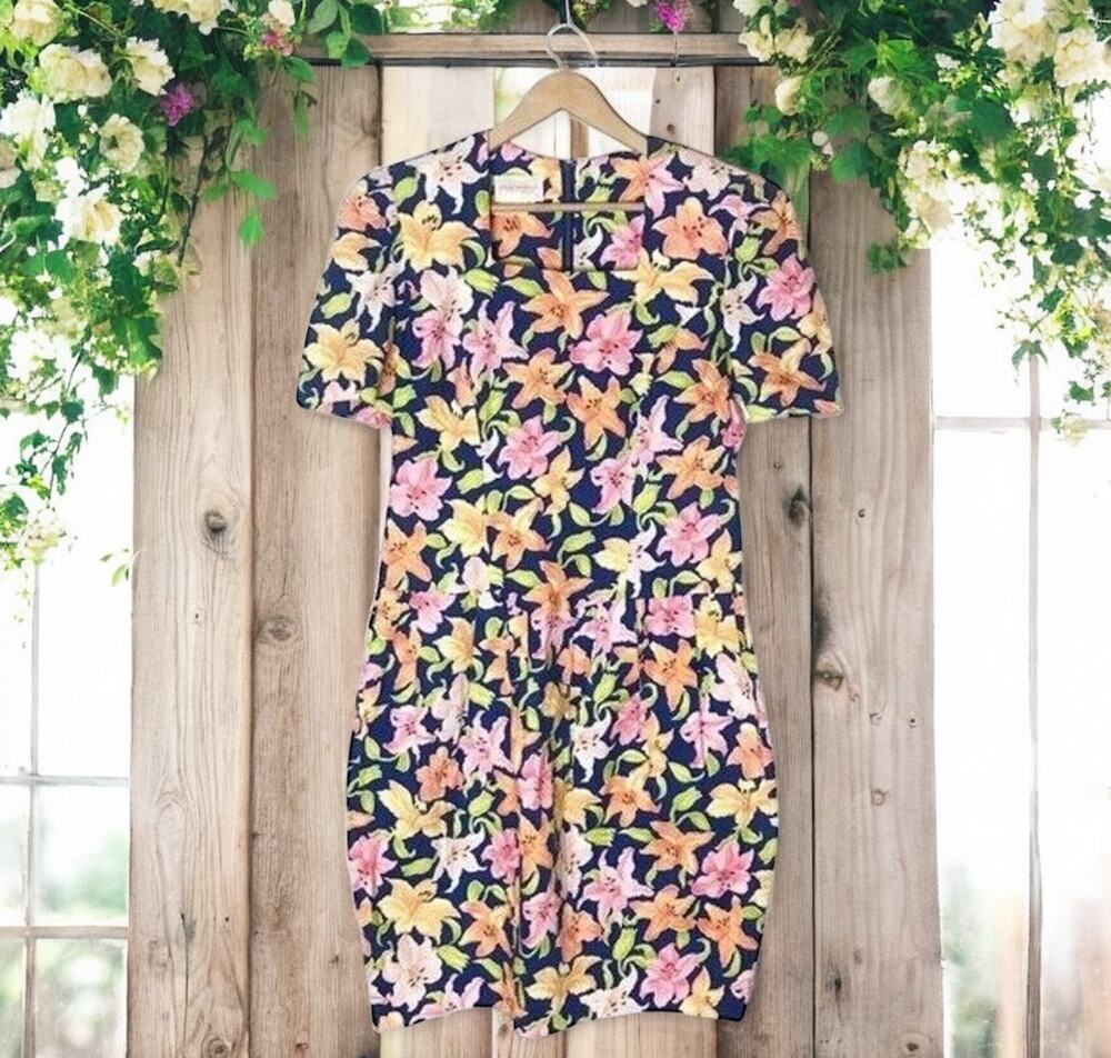 David Warren New York VTG Women's 16 100% Cotton Tropical Print Sheath Dress